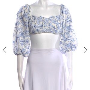 For Love And Lemons Blue and White Floral Blouse Cropped Small